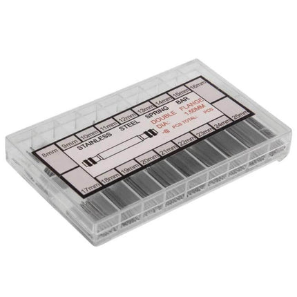 Stainless Steel Watch Band Spring Bars Kit For Easy Replacement 8-25mm — clear plastic organizer with labeled double-shoulder stainless spring bars