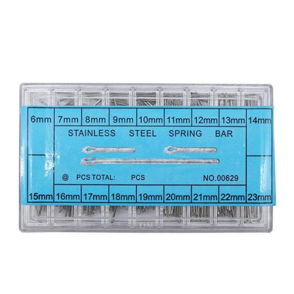 Stainless Steel Watch Link Pins And Cotter Bars 6-23mm, 2 Sets - 360-piece organized kit with sizes 6mm to 23mm in clear plastic case