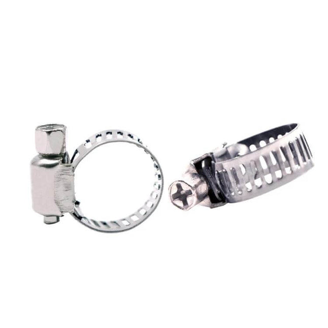 Stainless Steel Water Pipe Hose Clamp 10 Piece Set - close-up of two stainless hose clamps with screw closures for plumbing and automotive use