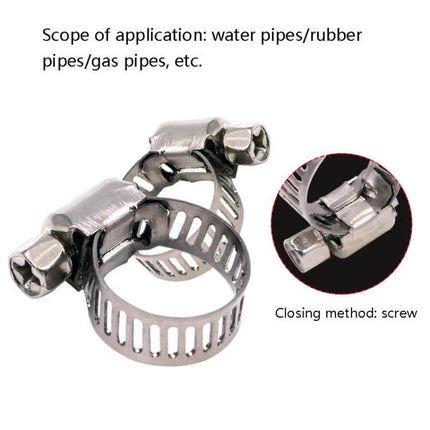 Stainless Steel Water Pipe Hose Clamp 10 Piece Set showing two screw-closure hose clamps for water rubber and gas pipes