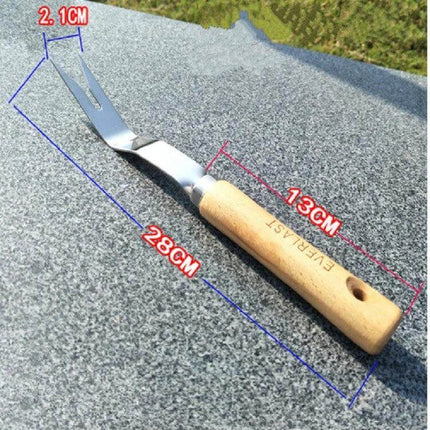 Stainless Steel Weeder With Wooden Handle For Root Removal showing 28cm beech wood handle and 2.1cm stainless steel fork for garden root extraction