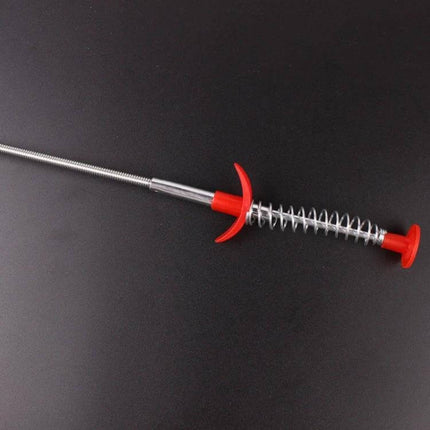 Stainless Steel Wire Sink Cleaning Hook, 60cm Sewer Dredge Tool with red handle and spring tip for removing hair and debris from drains