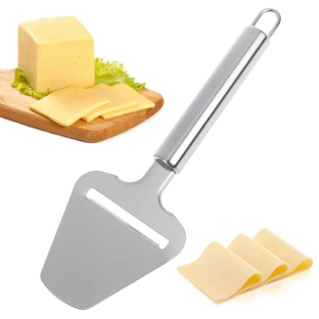 Stainless Steel Cheese Slicer Shovel For Daily Kitchen Use showing stainless blade and round handle with sliced cheese pieces
