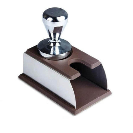Stainless Steel Espresso Tamper Stand For Home Barista Use - stainless steel stand with silicone top holding chrome espresso tamper