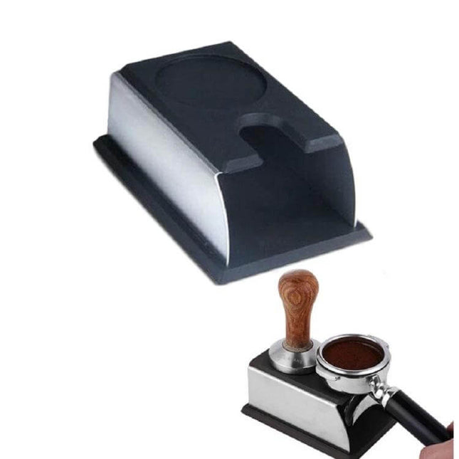 Stainless Steel Espresso Tamper Stand For Home Barista Use — stainless steel base with silicone top holding tamper and portafilter