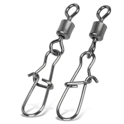 Stainless Steel Fishing Swivel Bearing Connector 10-Pack showing two corrosion‑resistant swivel connectors with snap locks for preventing line twist