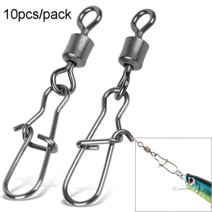 Stainless Steel Fishing Swivel Bearing Connector 10-Pack showing two stainless swivel connectors with snap clips for lures and inset image of lure attached