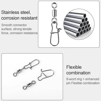 Stainless Steel Fishing Swivel Bearing Connector 10-Pack showing corrosion-resistant stainless swivels and flexible clip combinations