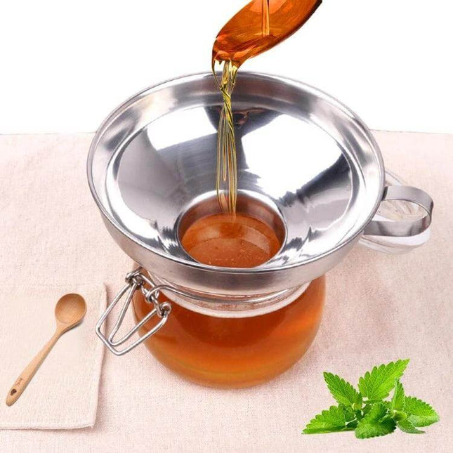 Stainless Steel Food Funnel 10.9 cm Large Mouth For Easy Use - 304 stainless steel large-mouth funnel pouring honey into jar with spout and filter