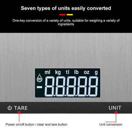 Stainless Steel Kitchen Scale With Large Pan For Everyday Baking showing backlit LCD, unit conversion icons (ml kg tl lb oz g) and tare/unit buttons