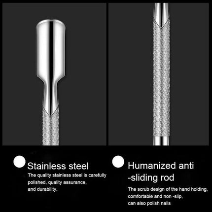 Stainless Steel Manicure Pusher and Dead Skin Remover Tool showing polished blade and textured anti-slip handle for precise at-home nail care