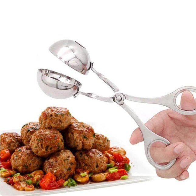 Stainless Steel Meatball Maker Clip For Easy Home Meals — mirror-polish stainless steel scoop forming uniform meatballs for pasta and appetizers