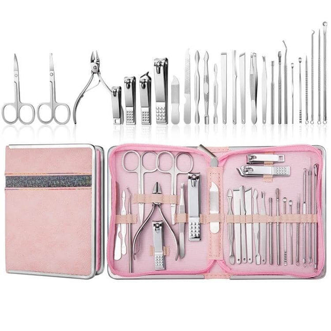 Stainless Steel Nail Clipper Set With Leather Case Pink neatly organized manicure tools in pink PU leather travel case