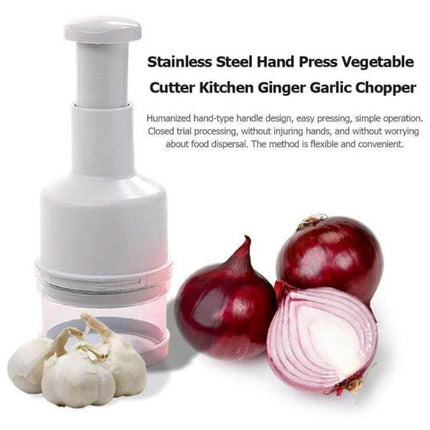 Stainless Steel Onion Cutter Slicing Onions, Ginger Garlic 22x8x8cm — hand-press chopper with double Z cutter for slicing and mincing onions, garlic, ginger