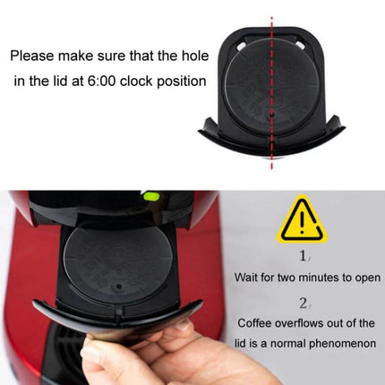 Stainless Steel Reusable Capsule for Dolce Gusto Coffee Maker shown placed with lid hole at 6:00 position and instructions to wait two minutes