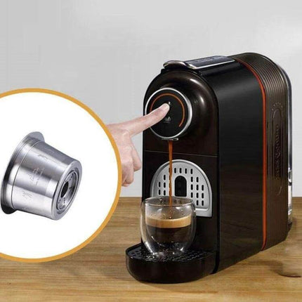 Stainless Steel Reusable Coffee Capsule Filter For Capsule Machines shown with espresso machine, stainless steel filter insert and brewed cup