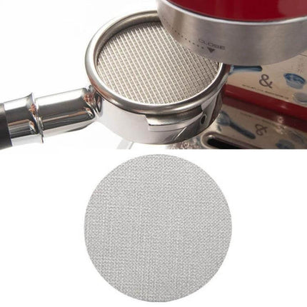 Stainless Steel Sintered Coffee Splash Filter 58mm x 1.7mm installed in 58mm portafilter for consistent espresso extraction