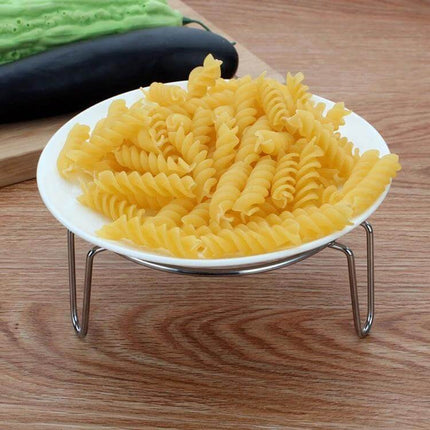 Steamer Rack Basket 17.5 cm for Egg and Vegetable Steaming - 201 stainless steel compact rack holding a plate of pasta for steaming