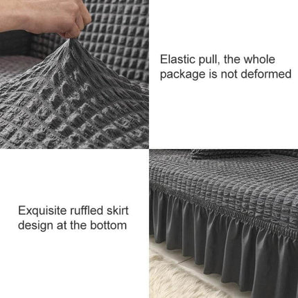 Stretch Sofa Cover With Skirt for Double M 145-185cm Sofas - grey seersucker fabric showing elastic pull and lotus-leaf ruffled skirt, wrinkle-resistant fit