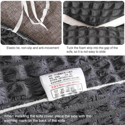 Stretch Sofa Cover With Skirt for Double M 145-185cm Sofas — dark grey seersucker fabric with elastic ties, foam strip and washing instruction label