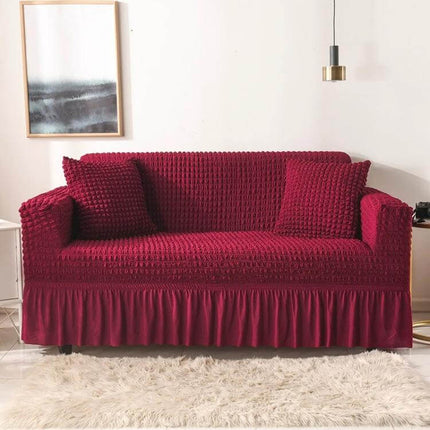 Stretch Sofa Cover With Skirt for Double M 145-185cm Sofas in burgundy seersucker fabric with lotus-leaf skirt protecting sofa from spills and pet hair