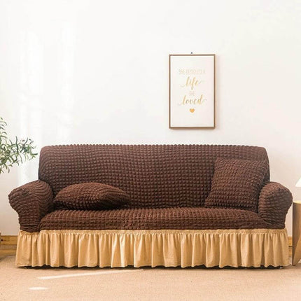 Stretch Sofa Cover With Skirt for Double M 145-185cm Sofas in chocolate brown seersucker fabric with lotus-leaf bottom skirt and straps