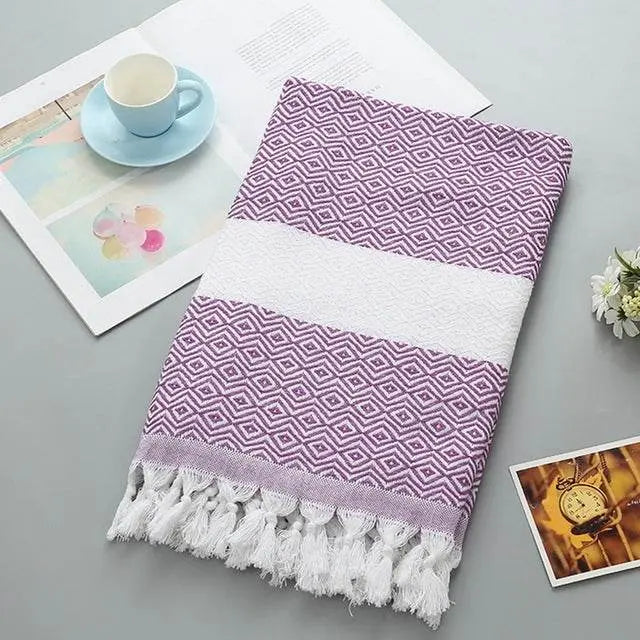 Striped Cotton Bath Towel With Tassels Easy Care Blanket 