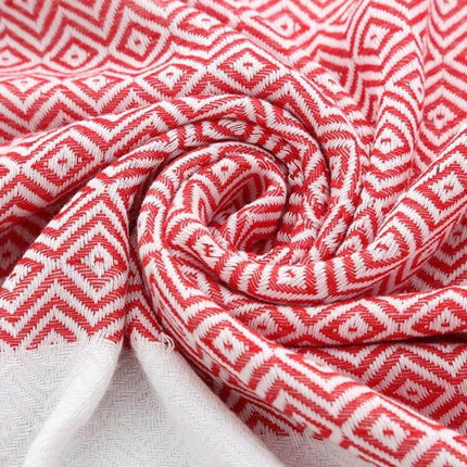 Striped Cotton Bath Towel With Tassels For Everyday Use - red and white diamond striped cotton-linen towel close-up showing woven texture and tassel edge