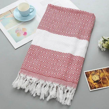 Striped Cotton Bath Towel With Tassels For Everyday Use – red geometric stripe cotton-linen towel 100x180 cm with white band and tassels, versatile bath or beach wrap