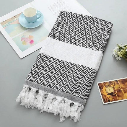 Striped Cotton Bath Towel With Tassels For Everyday Use - black geometric stripes, cotton-linen blend, 100x180 cm, tasseled edges, lightweight multipurpose towel