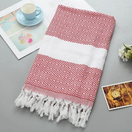 Striped Cotton Bath Towel With Tassels For Everyday Use - Red Geometric Stripe Cotton-Linen Towel 100x180 cm with White Tassels