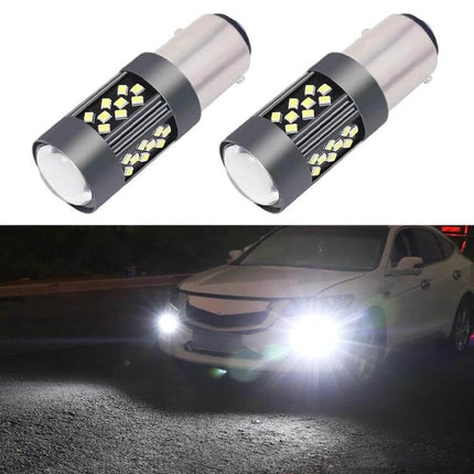 Strobe Car Fog Light Kit For Everyday Night Driving shown LED bulbs and bright fog beam on a sedan at night