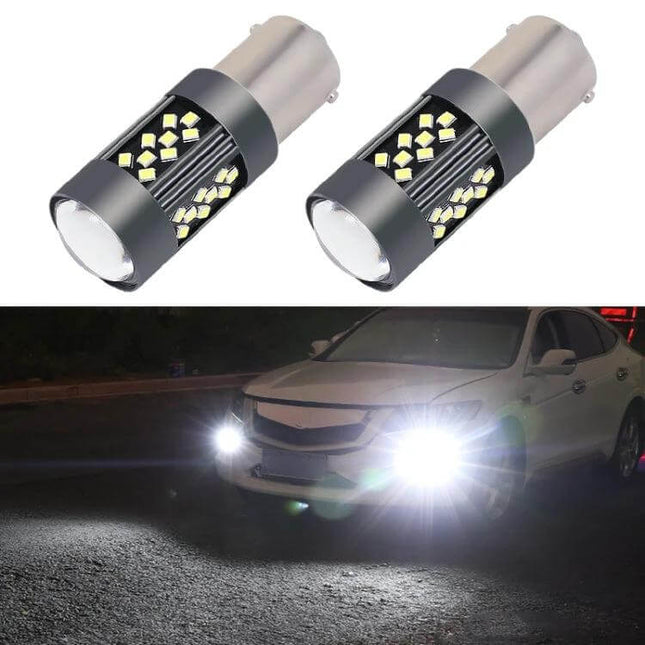 Strobe Car Fog Light Kit For Everyday Night Driving LED bulbs shown with bright fog beam on a car at night