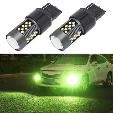 Strobe Car Fog Light Kit For Everyday Night Driving showing dual LED fog bulbs and green strobe illumination on a car