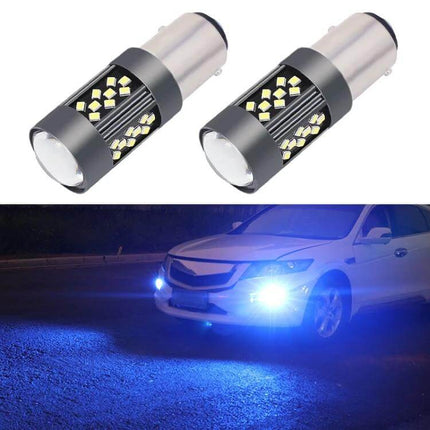 Strobe Car Fog Light Kit For Everyday Night Driving showing dual LED bulbs and blue fog beam on a car