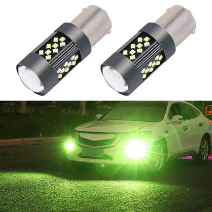 Strobe Car Fog Light Kit For Everyday Night Driving showing two LED bulbs and a car with green strobe fog lights at night