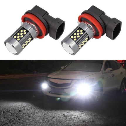 Strobe Car LED Fog Light Pair For Everyday Driving - Dual LED fog bulbs shown with car producing bright white beams