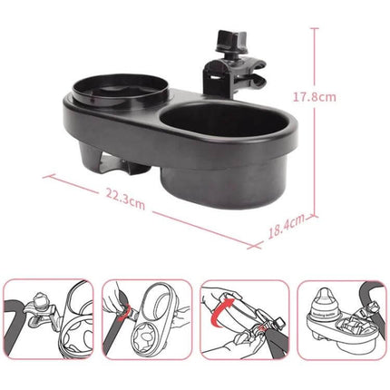 Stroller Double Cup Holder Tray For Snacks And Bottles - black ABS dual cup and snack tray with clamp, 360° swivel, easy-clean stroller accessory