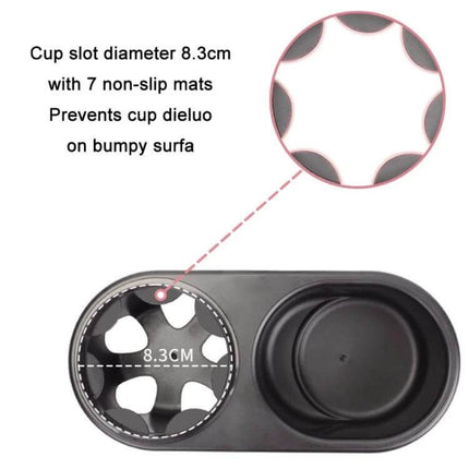 Stroller Double Cup Holder Tray For Snacks And Bottles showing 8.3cm cup slot with 7 non-slip mats and 360° stable ABS surface