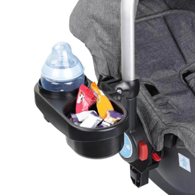 Stroller Double Cup Holder Tray For Snacks And Bottles attached to stroller armrest holding baby bottle and snacks, durable ABS 360° access