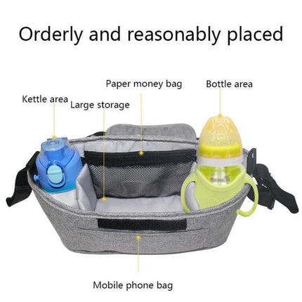 Stroller Storage Hanging Bag Linen Gray For Everyday Outings showing organized compartments for bottle, phone, wipes and keys in gray linen