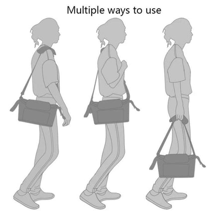 Stroller Storage Hanging Bag Linen Gray For Everyday Outings shown worn crossbody, over shoulder, and carried by hand to organize essentials