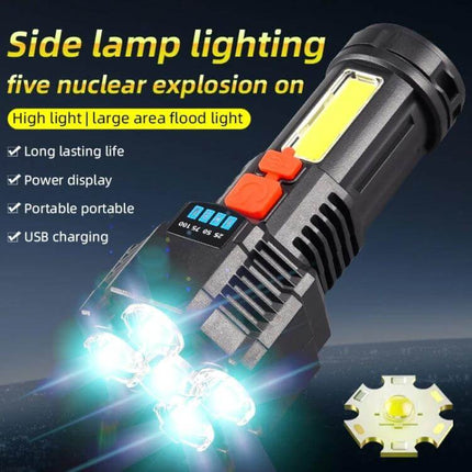 Strong Bright Flashlight USB Rechargeable For Everyday Use compact USB‑rechargeable torch with side COB panel, power display, skid‑proof ABS body