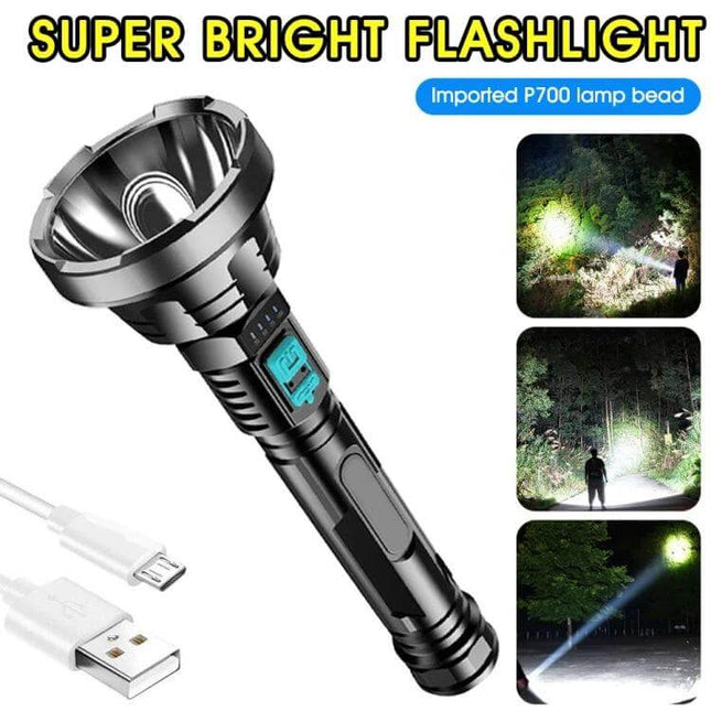 Strong Light Flashlight USB Rechargeable For Hiking And Camping handheld USB-rechargeable black torch with LCD battery indicator and long-range beam
