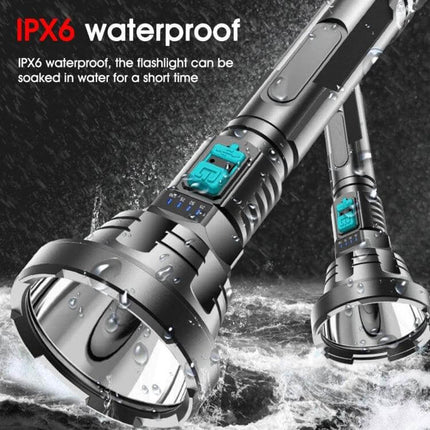 Strong Light Flashlight USB Rechargeable For Hiking And Camping showing IPX6 waterproof ABS body with USB port, battery indicator and water droplets