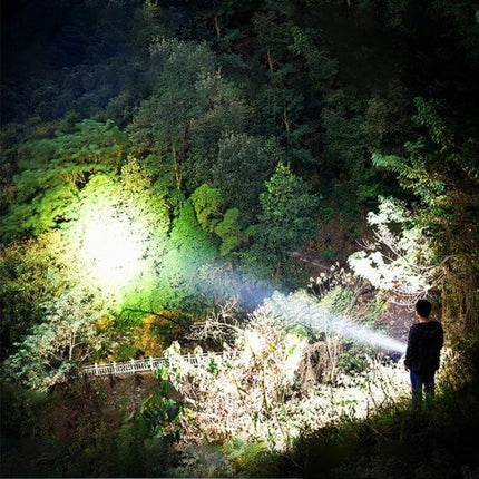 Strong Light Flashlight USB Rechargeable For Hiking And Camping shining bright beam into dense forest at night, person testing long-range beam