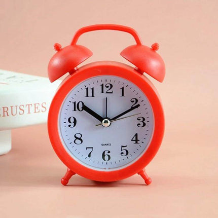 Student Desk Alarm Clock, Small, 2-Pack For Study Or Bedroom Use - compact red twin-bell plastic alarm on desk, 11.5x8.5x4 cm, ideal for study or nightstand