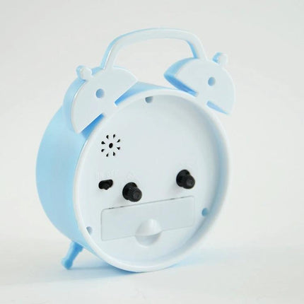 Student Desk Alarm Clock, Small, 2-Pack For Study Or Bedroom Use - compact blue plastic alarm clock on desk, back view showing controls