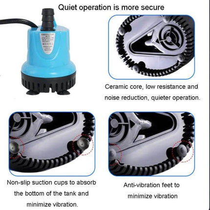 Submersible Aquarium Pump for Water Circulation in Tanks compact blue 10W 600L/h with anti-vibration feet and non-slip suction cups