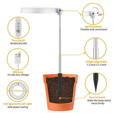 Succulent Plant Grow Light USB Powered For Indoor Windowsill Use — compact 48-LED 10W adjustable telescoping 360° head with USB cord, timer and stake